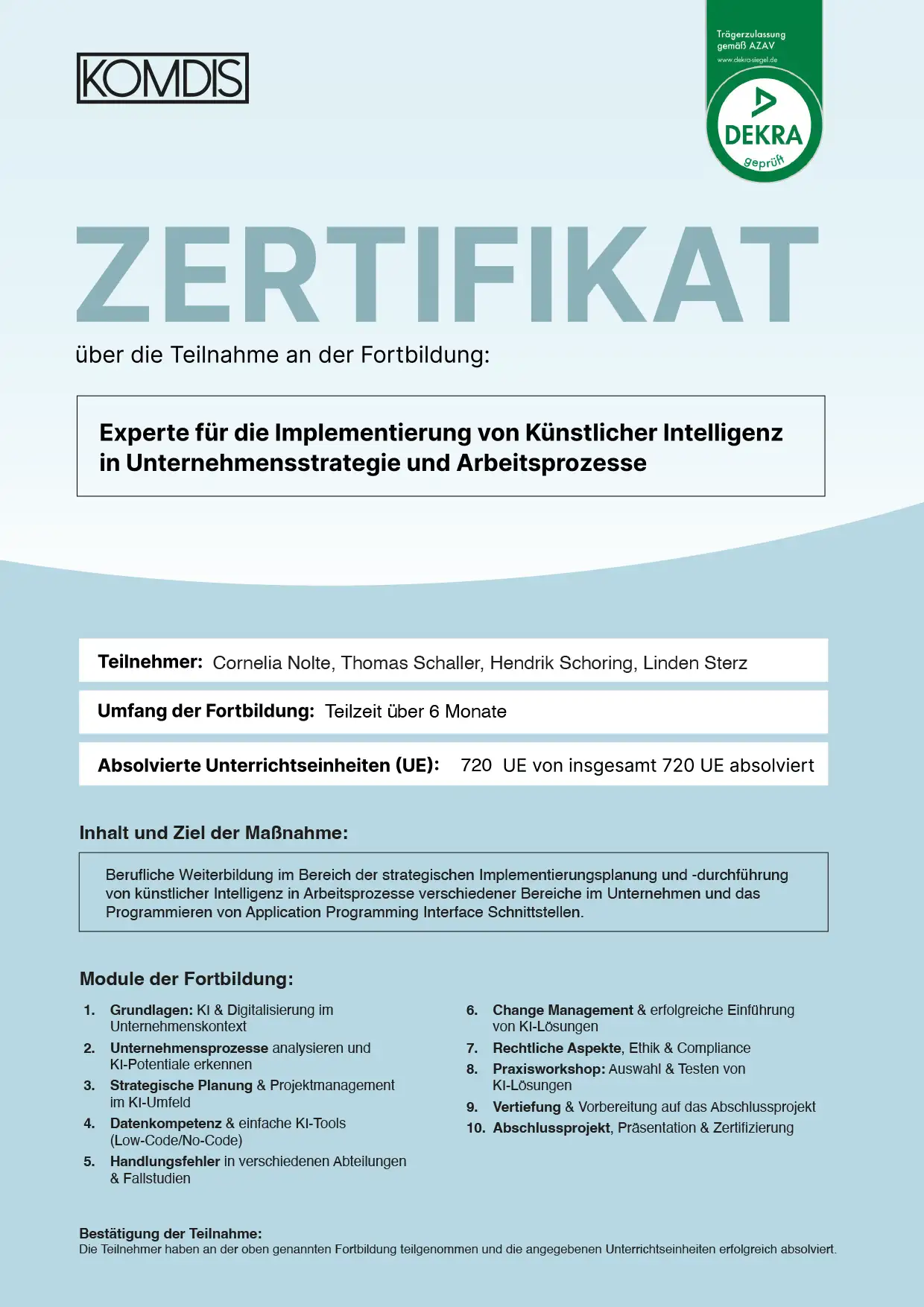 Zertifikat KI-Implementierung, ausgestellt von KOMDIS
