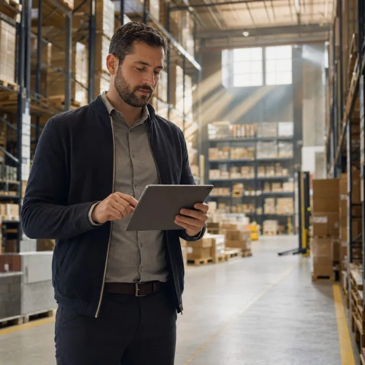 Modernes Logistiklager mit Mitarbeiter und Tablet